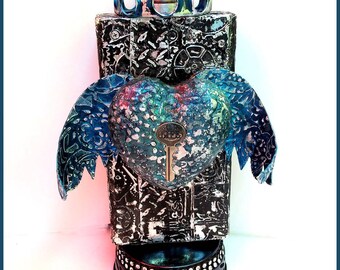 SALE, Angel, Angel Assemblage, Crown, Diesel Punk, Mixed Media Statue, Birthday Gift, Goth Gift, Metal Embossed, Wings, Heart, Steampunk