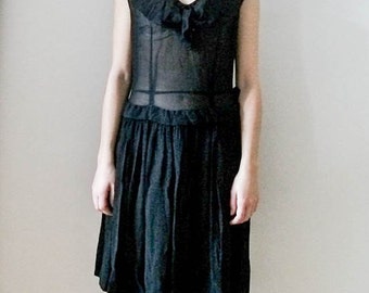 Vintage 60s "Sheer Chifon" black dress with ruffle and pleat detailing size S M