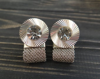 White rhinestone silver cuff links wedding cufflinks vintage jewelry for men birthday gift for him soviet anniversary gifts for boyfriend
