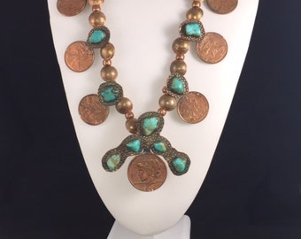 Handmade Rustic Squash Blossom Necklace Made from Copper Coins and Blue Turquoise with Large Turquoise Cabochons Made by James Robins