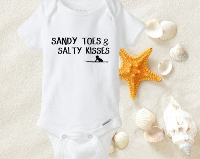 Sandy Toes and Salty Kisses Onesies®, Beach Bodysuit, Hawaii Baby, Surf Baby, Beach Baby, Baby on Surfboard, Surfer boy, Baby Shower Gift