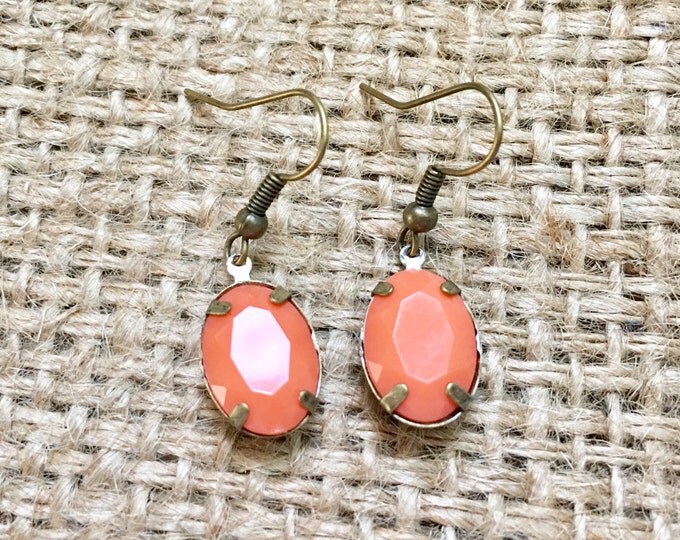 Peach Stone Earrings, Coral Stone Earrings, Stone Earrings, Orange Color Earrings, Stone Retro Earrings, Stone Drop Earrings, Glass Earrings