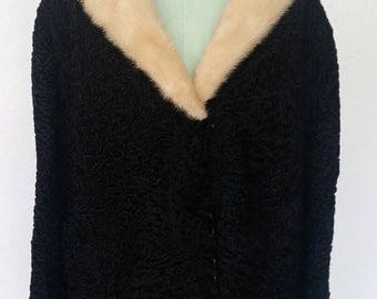 1950's SCHIAPARELLI Coat Black Persian Lamb Blonde Mink Fur Collar