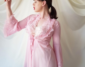 Vintage 1960s Candy Pink Long Peignoir | Robe Featuring Pleated Ruffles, Floral Lace Details, Circular Flounce Sleeves & Fine Lace Hem