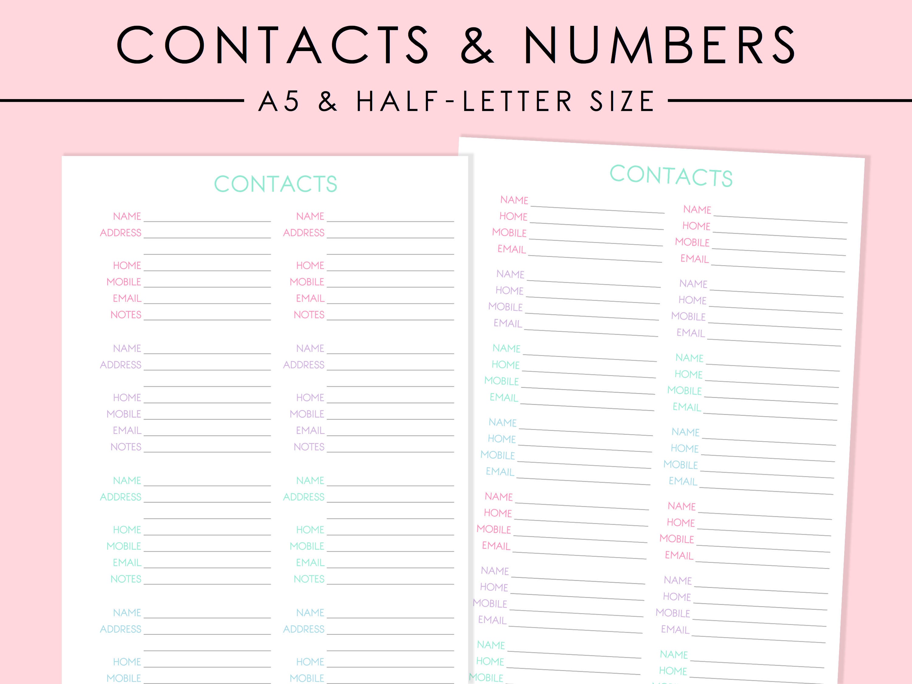 A5 Contacts Printable Pastel Series A5 Filofax Large