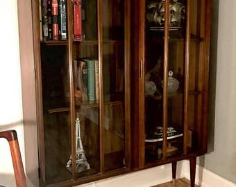 Mid Century Walnut Display Cabinet, Danish Modern Colonnade Top Keller Bookshelf with Arched Glass Doors, Lighted MCM China Cabinet Hutch
