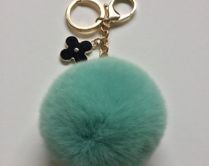 Candy Green fur pom pom keychain REX Rabbit fur pom pom ball with flower bag charm