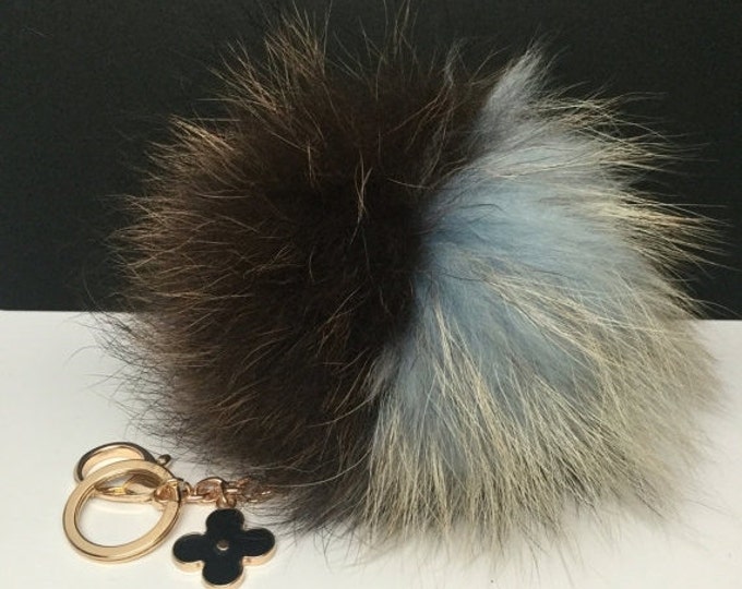 Light Blue And Brown Raccoon Fur Pom Pom bag charm clover flower charm Keychain fur puff ball totem
