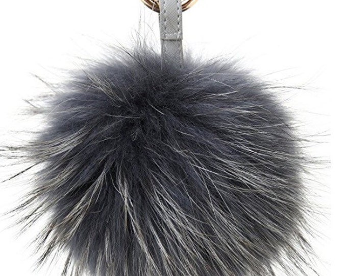 Dark Grey with natural markings Raccoon Fur Pom Pom luxury bag pendant keychain fur ball puff