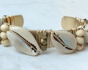Cowrie Shell, Diamond cut Brass beads, small Ivory Bone beads - Vintage Brass Cuff - Charm Candy Studio