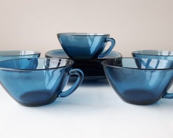 Vereco France Espresso Coffee Tea Cups and Saucers, Set of 5, Blue Transparent Glass
