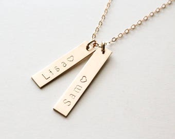 Personalized Mothers Necklace / 2 Name Necklace / Vertical Name Necklace / Baby Name Necklace / Custom Mommy Necklace / Gold, Silver, Rose