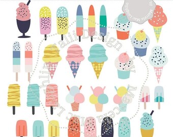 Ice Cream Clip Art HANDDRAWN Clipart Ice Cream Cones & Ice Pops- 32 digital summer graphics sprinkle and fruit ice pops milk sh