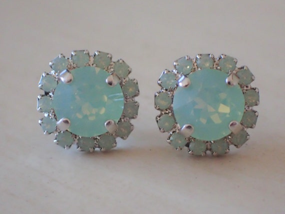 Swarovski Chrysolite Opal Crystal Halo Post Earrings, Silver