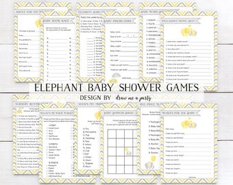 Elephant Baby Shower Game , Elephant Baby Shower Game Pack , Chevron Baby Shower Game , Yellow Grey Baby Shower Game Package , Printable