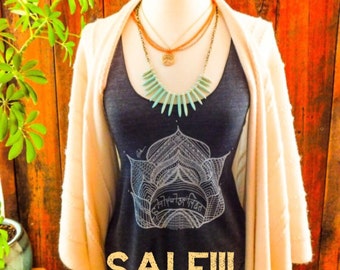 Sale!! 15% off! Lotus yoga tank top-racer back style- with the sanskrit words honor your light in the center