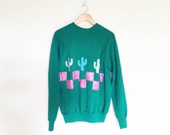 Kelly Green Lamé Cactus Hand Made Applique Sweatshirt