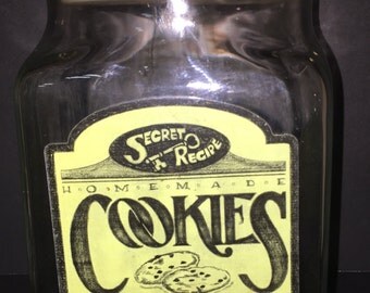 Vintage Secret Recipe Glass Cookie Jar With Wood Lid, General Store Counter Display, Country/Farmhouse Decor