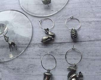 Wine charms, woodland creature wine charms, silver wine charms
