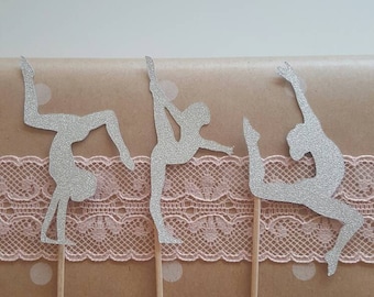 Set of 12 gymnast cake cupcake toppers girl first birthday gold silver glitter gymnastics
