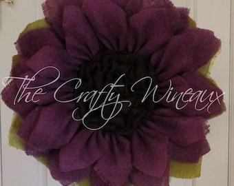 Extra Large Purple Burlap Flower, Burlap Sunflower Wreath, Spring Wreath, Summer Wreath, Housewarming Gift, Customizable Wreath
