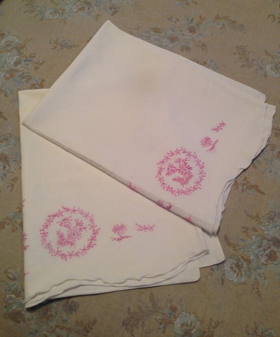 Vintage Pink Embroidered Pillow Cases Cotton Bed Linens Pink
