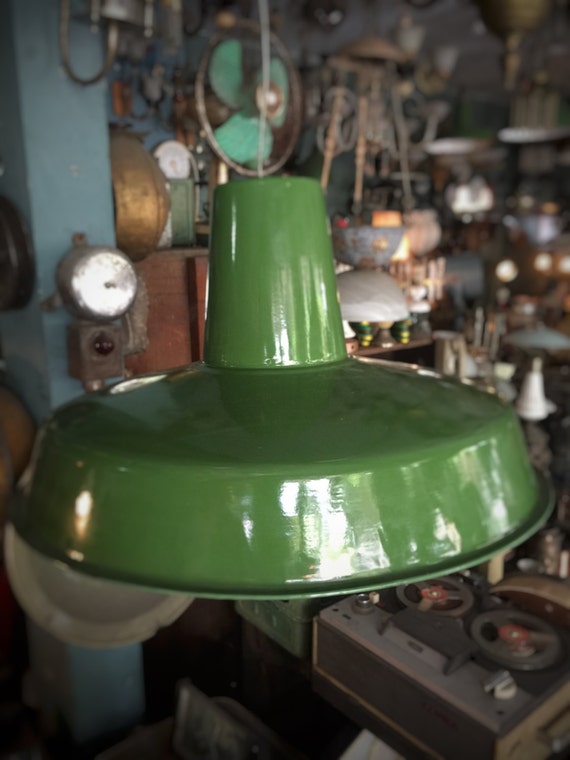 Large 16" Green Enamel Light Shade -  Vintage Industrial -Vintage Enamel Light, Green Ceramic Light -  re-wired - Industrial Lighting