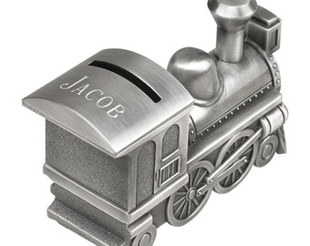 Personalized Train Bank - Ring Bearer Gift - Child's Gift - Train - Flower Girl Gift - Pewter Train Bank