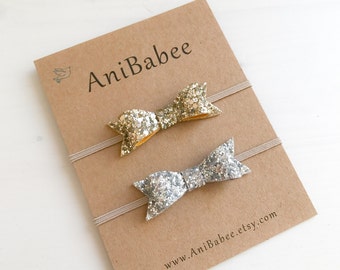 Baby Bow Headband, Baby Headband, Gold Bow Headband, Silver Bow Headband, Glitter Bow, Newborn Headband, Bow Headband Set, Baby headband bow