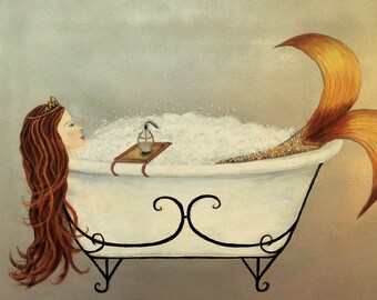 Mermaid Bathroom Canvas Wrap Acrylic Painting Mermaid Wall Hanging Clawfoot Tub Beach Cottage Coastal Decor Beach House Art Mermaid Print
