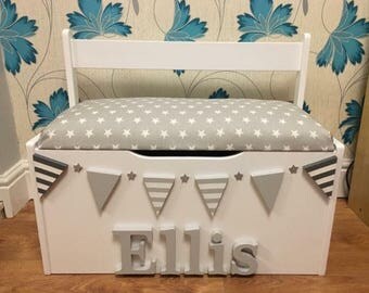 Personlised toy box, bench toy chest made to your specifications. Any name any colour and any theme.