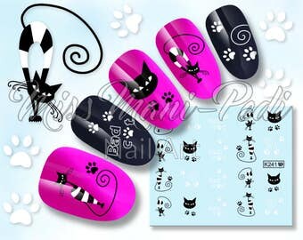 White & Black Cats Nail Art Water Decal, Lucky Cat Nail Stickers, Paw Print Nails, Water Nail Decals, Kittens Water Stickers, K241