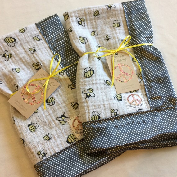 Bumblebee Muslin Baby Blanket. Breathable Stroller Blanket. Homemade baby shower gift. Lovey, travel silky Blanket.