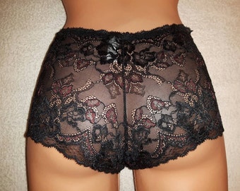 Handmade black,crotchless panties,lace thong,wedding,crotchless,shorts,lace panties,sexy lingerie woman,night thong,white flowers pattern