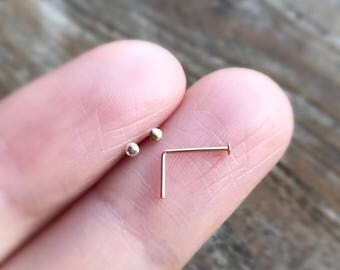 Super Thin 24 gauge tiny flat top 14k GOLD/ROSE gold filled-925 sterling silver nose stud L shape nose ring dainty everyday tragus/nose