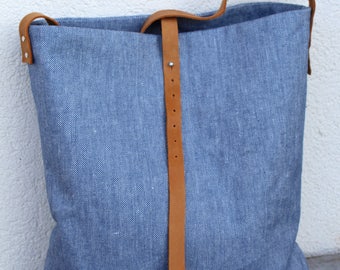 Hobo Bag Linen, Shoulder Bag, Linen Bag, Large Tote Bag, Bucket Bag, Laptop Bag, Leather Bag, Diaper Bag, Blue Tote Bag, Ready To Ship