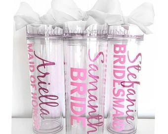 11 Custom skinny tumblers, bridal set, personalized cups, bridal shower gift, wedding gift, wedding favors, bridesmaids gift, wedding cup
