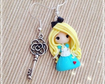 Chibi Cute earrings Polymer Clay Fimo Earrings ~ Disney Alice Kawaii tiny Princess Wonderland Handmade gift World Wonders Pink Key