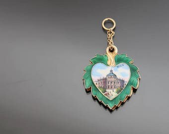 Antique Heart Mirror Vienna Slide Pendant 800 Silver. Guilloche Enamel. Victorian Grand Tour Souvenir Austro Hungarian
