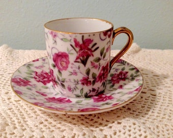 MINI Tea Cup & Saucer, Inarco Demitasse Cup And Saucer - Pink Rose Pattern Mini Tea Cup And Saucer