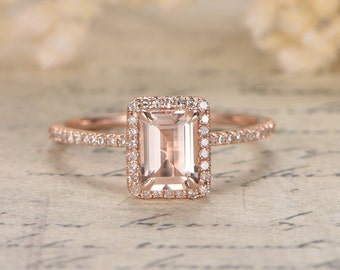 Valentine 5X7mm Morganite Ring 14K Rose Gold Morganite Engagement Ring Emerald Cut Engagement Ring Diamond Ring Valentine Gift Party Gift