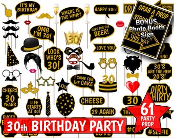 30th Birthday Party Printable Photo Booth Props. Black and Gold Glitter. Photobooth Selfies, Speech, Glasses, Hats, Ties, Lips, Mustaches.