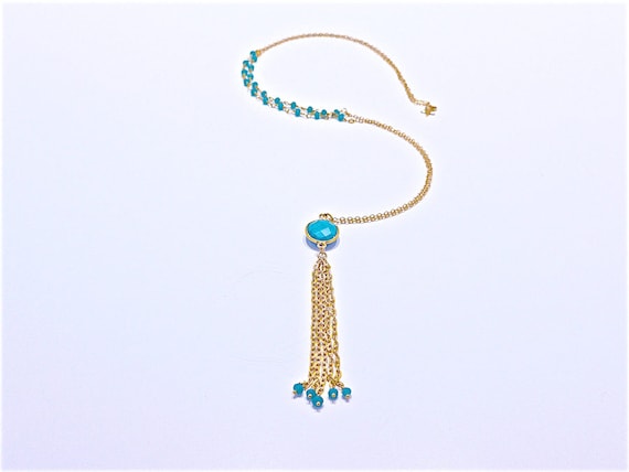 Tassel long necklace gold turquoise beads and bezel gold