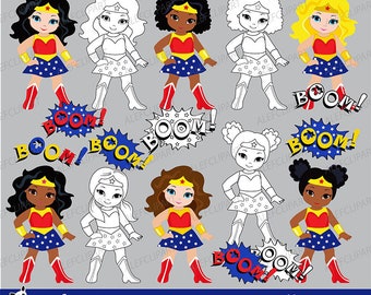 Wonder Women Digital clipart, Superhero Clip Art, Multicultural Supergirls .