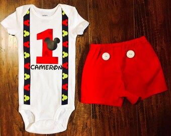 Mickey Mouse Onesie, Mickey Mouse Birthday Shirt, First Birthday Onesie and Shorts, Mickey Mouse Cake Smash Outfit, Custom Mickey Mouse Birt
