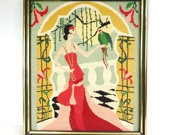 Vintage Framed Needlepoint Flapper Woman Parrot Tropical Mint Green Red Pink Gold Yellow Floral Pattern Bird Art Work Metallic Hand Made