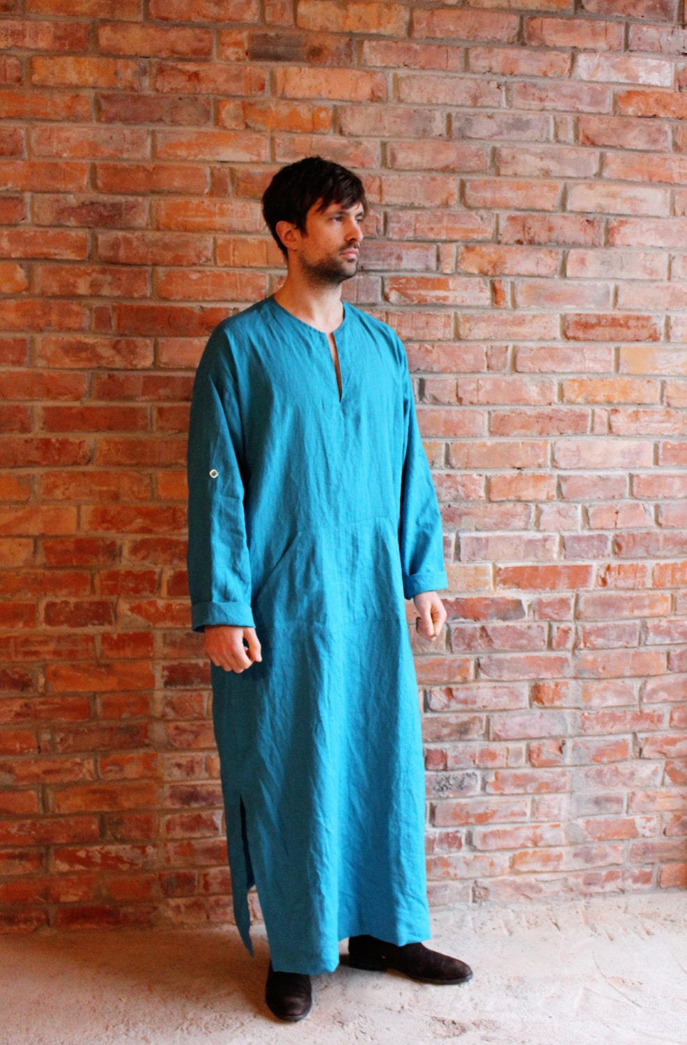 Linen Caftan Turquoise Mens Kaftan Loungewear Long shirt