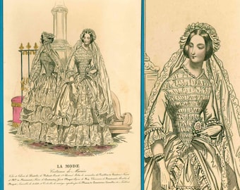 Antique wedding fashion print early Victorian 1840s bride gown veil lace La Mode