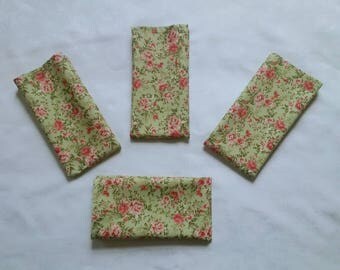 Napkins, green, pink, English rose, floral, table napkins, eco friendly, machine washable, cotton fabric, house warming gift, set of 4