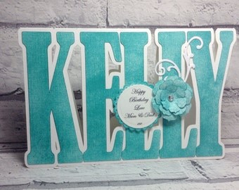 Female personalised birthday card, handmade, name shape greeting card for wife, mum, daughter, friend, girl, children